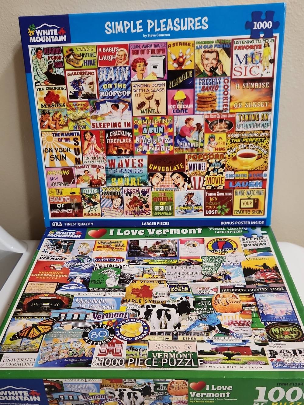 2 White Mountain Puzzles 1000 pc Simple Pleasures I Love Vermont Charlie Girard